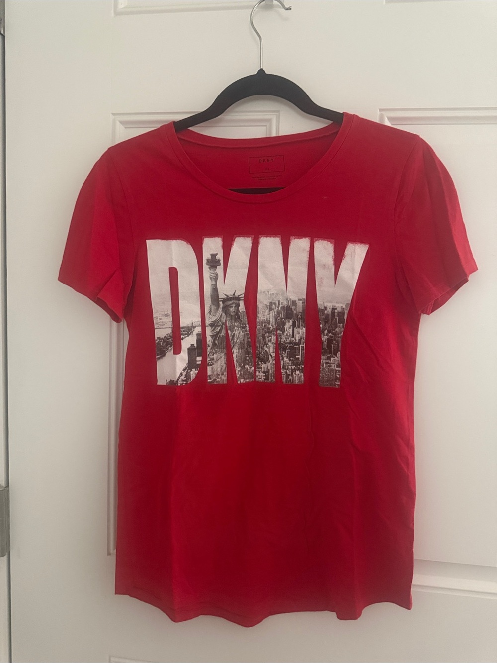 DKNY Red Logo Graphic Tee with Cityscape Fill